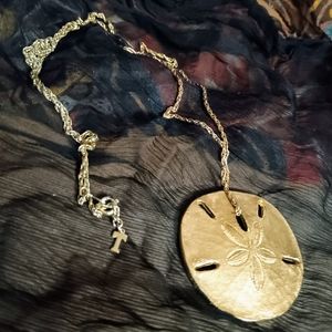 Trifari Gold Sand Dollar Pendant and Chain 32" Signed